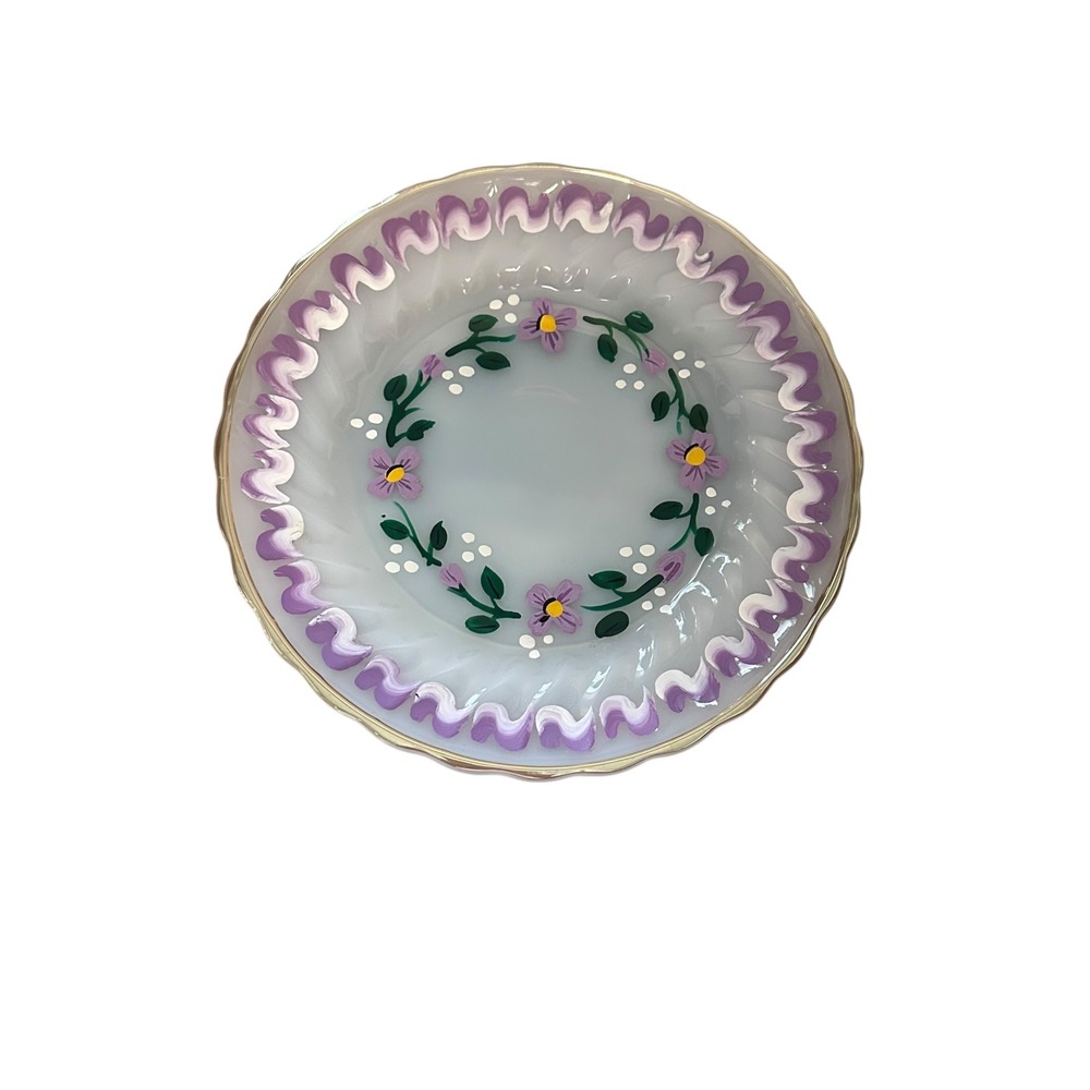 Anchor Hocking Milk Glass Plate Purple Floral Hand Painted 7.25" Excellent Swirl